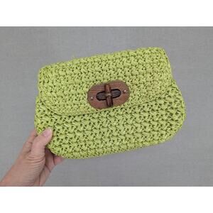 Vintage Purse Woven Rattan Handbag Made In Japan Bright Green Wood Clasp Clutch